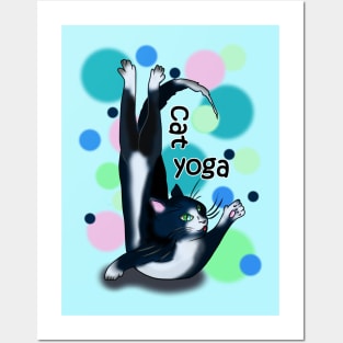 Cute cartoon black and white cat yoga pose Posters and Art